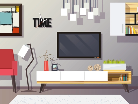 Living room interior concept with modern furniture set flat vector illustration