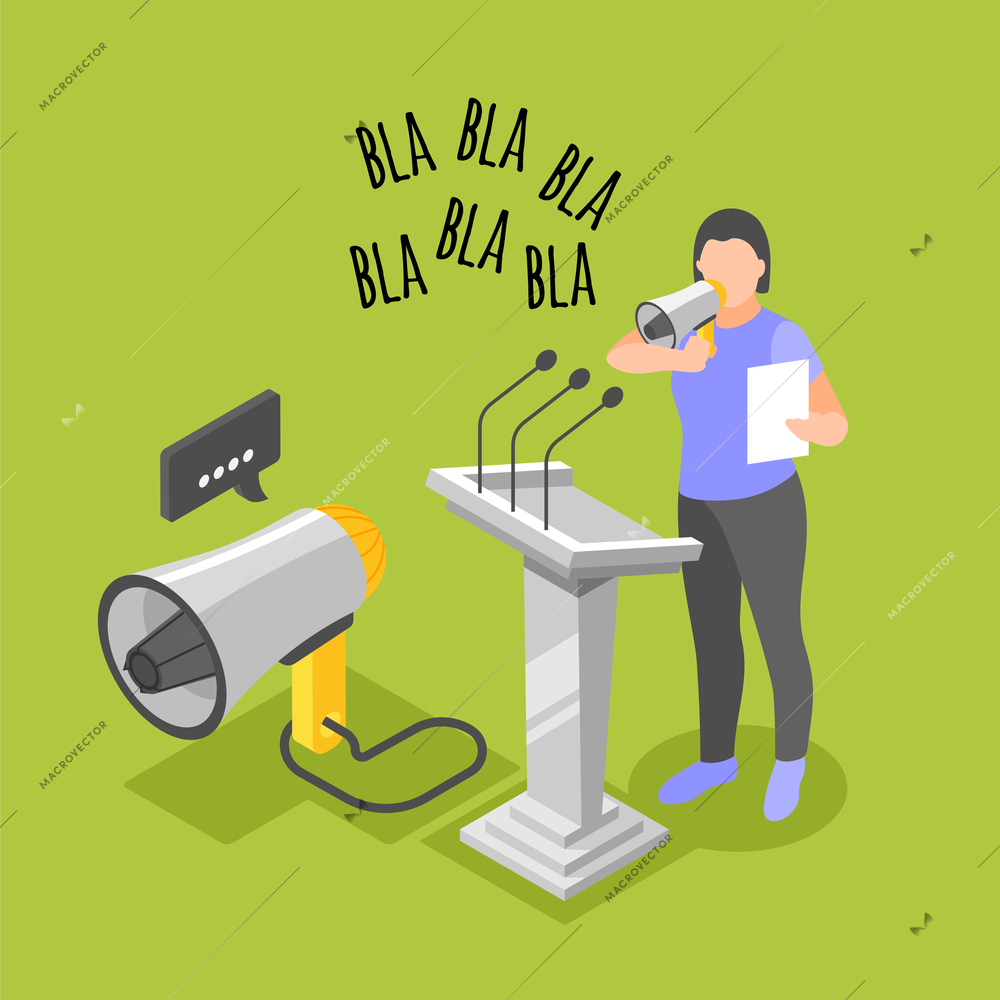 Rhetoric isometric concept with woman training public speaking with loudspeaker on green background 3d vector illustration