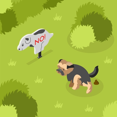 People clean up after dogs isometric concept with puppy pooping on lawn near prohibition sign 3d vector illustration