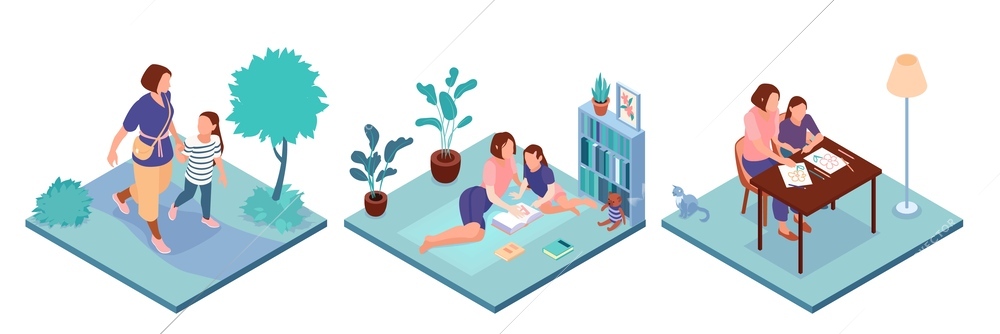 Set of three isometric motherhood compositions with teenage girls walking learning and painting together with their mothers isolated vector illustration