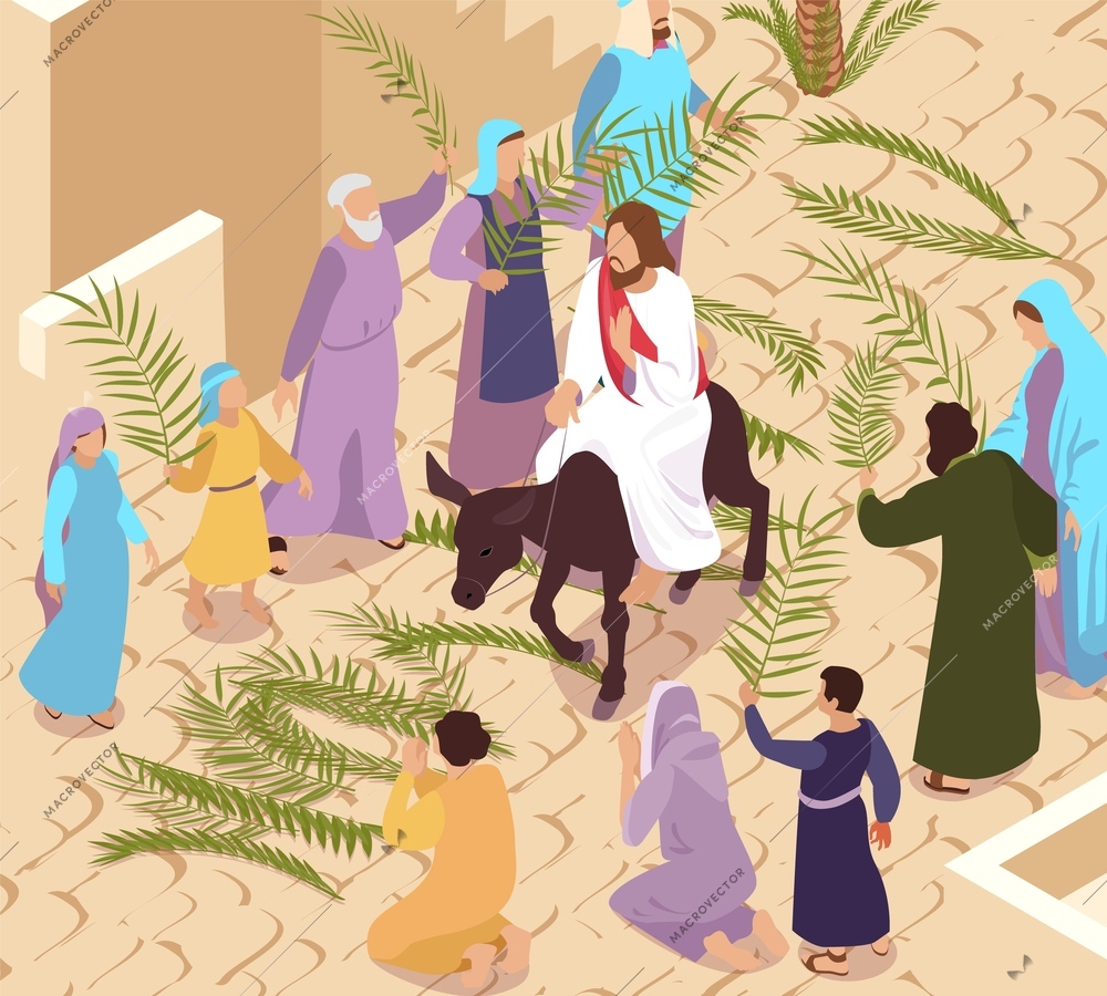 Palm sunday with jesus christ entering jerusalem on donkey while crowd laying down leaves isometric vector illustration