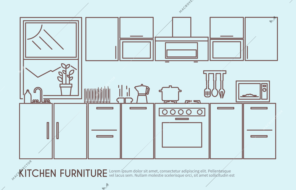 Modern kitchen furniture interior design with utensils and decor outline vector illustration