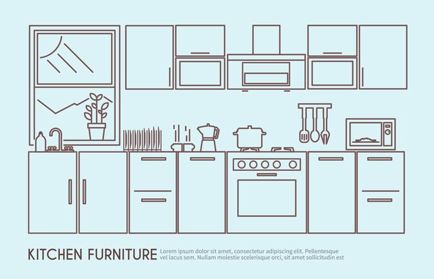 Modern kitchen furniture interior design with utensils and decor outline vector illustration