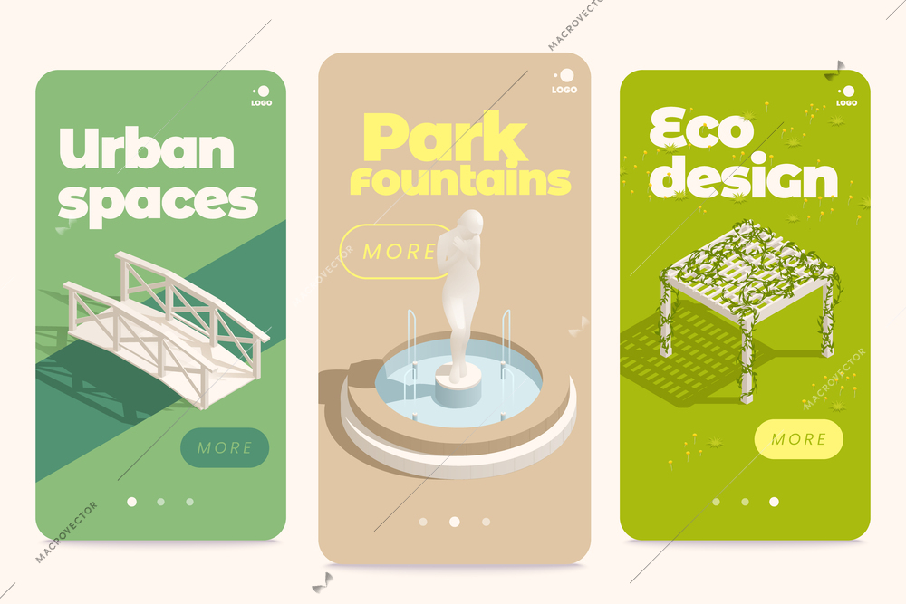 Park fountains ponds gazebo set of three vertical banners with page switch buttons and editable text vector illustration