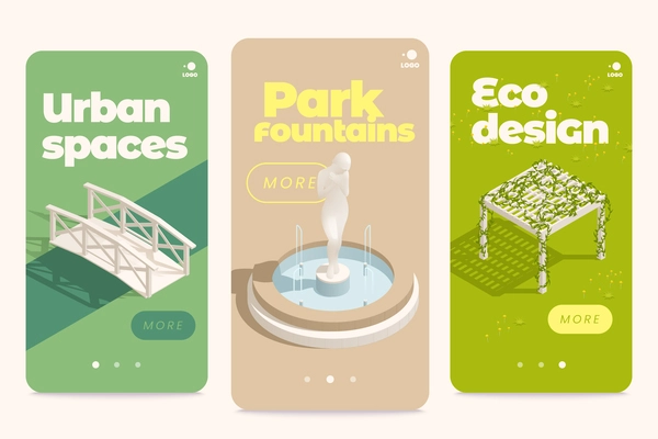 Park fountains ponds gazebo set of three vertical banners with page switch buttons and editable text vector illustration