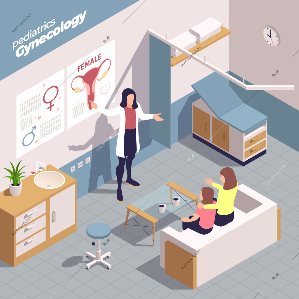 Pediatrics pediatrician isometric composition with indoor doctors office scenery with mother daughter and female doctor characters vector illustration