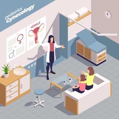 Pediatrics pediatrician isometric composition with indoor doctors office scenery with mother daughter and female doctor characters vector illustration