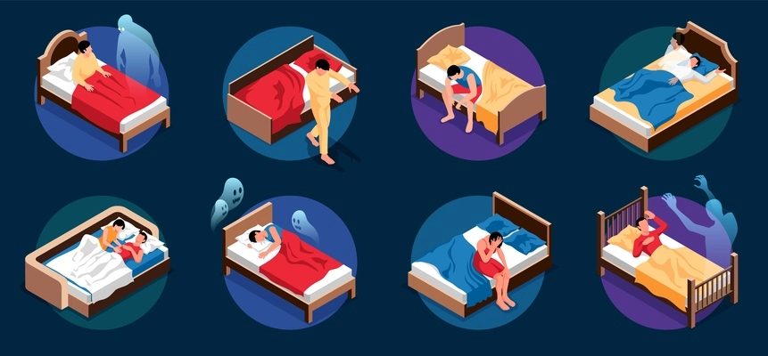 People sleeping and experiencing nightmares isometric compositions set isolated on dark background vector illustration