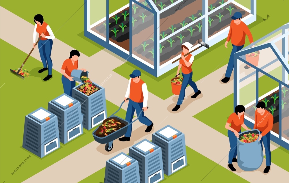 Group of gardeners collect organic waste to make compost and fertilize beds isometric vector illustration