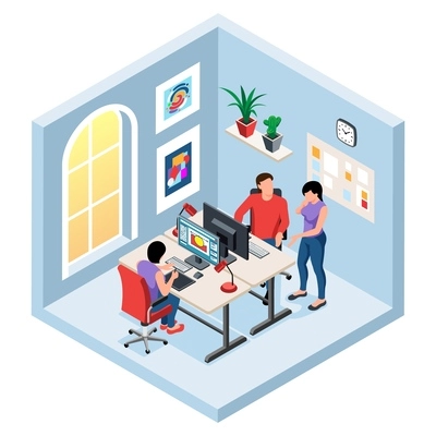 Design studio office with team of designers working on project together isometric isolated 3d vector illustration