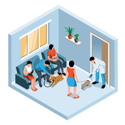 People with cats and dogs waiting in queue in veterinary clinic isometric 3d vector illustration