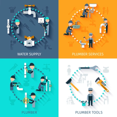 Plumber services design concept set with water supply tools flat icons isolated vector illustration