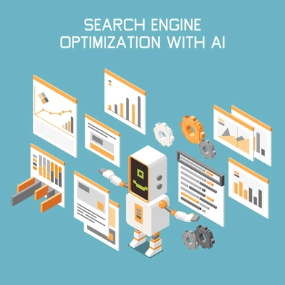 Marketing AI technologies isometric concept with search engine optimization with ai headline vector illustration