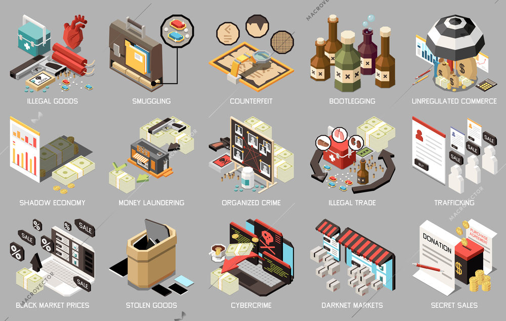 Black market isometric icon set with illegal goods smuggling counterfeit bootlegging unregulated commerce shadow economy money laundering descriptions vector illustration