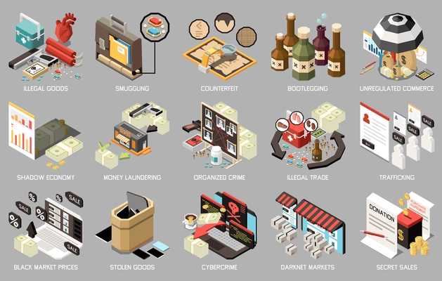 Black market isometric icon set with illegal goods smuggling counterfeit bootlegging unregulated commerce shadow economy money laundering descriptions vector illustration