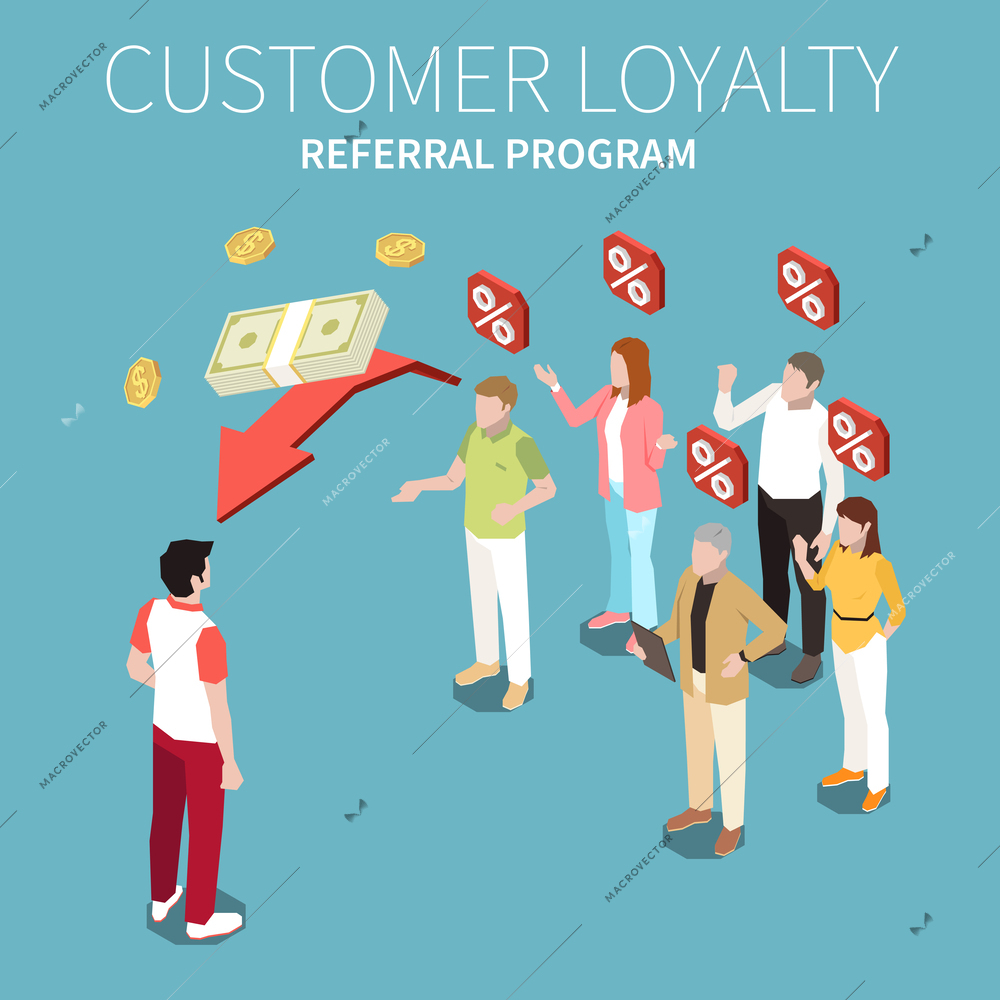 Customer loyalty bonus reward programs colored isometric composition with referral program description vector illustration