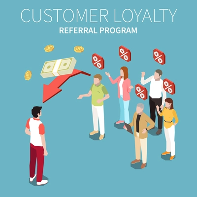 Customer loyalty bonus reward programs colored isometric composition with referral program description vector illustration