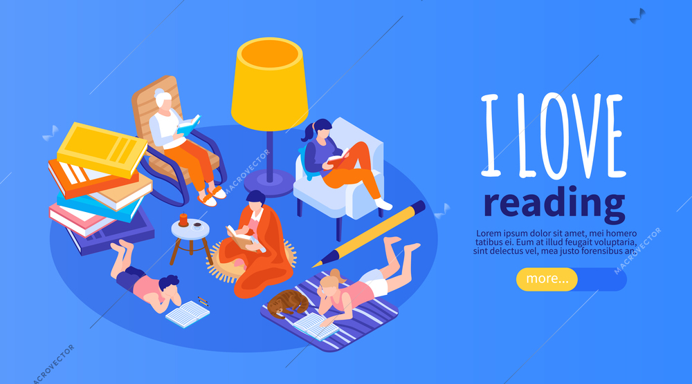 Isometric reading book horizontal banner with circle composition of books people with text and more button vector illustration