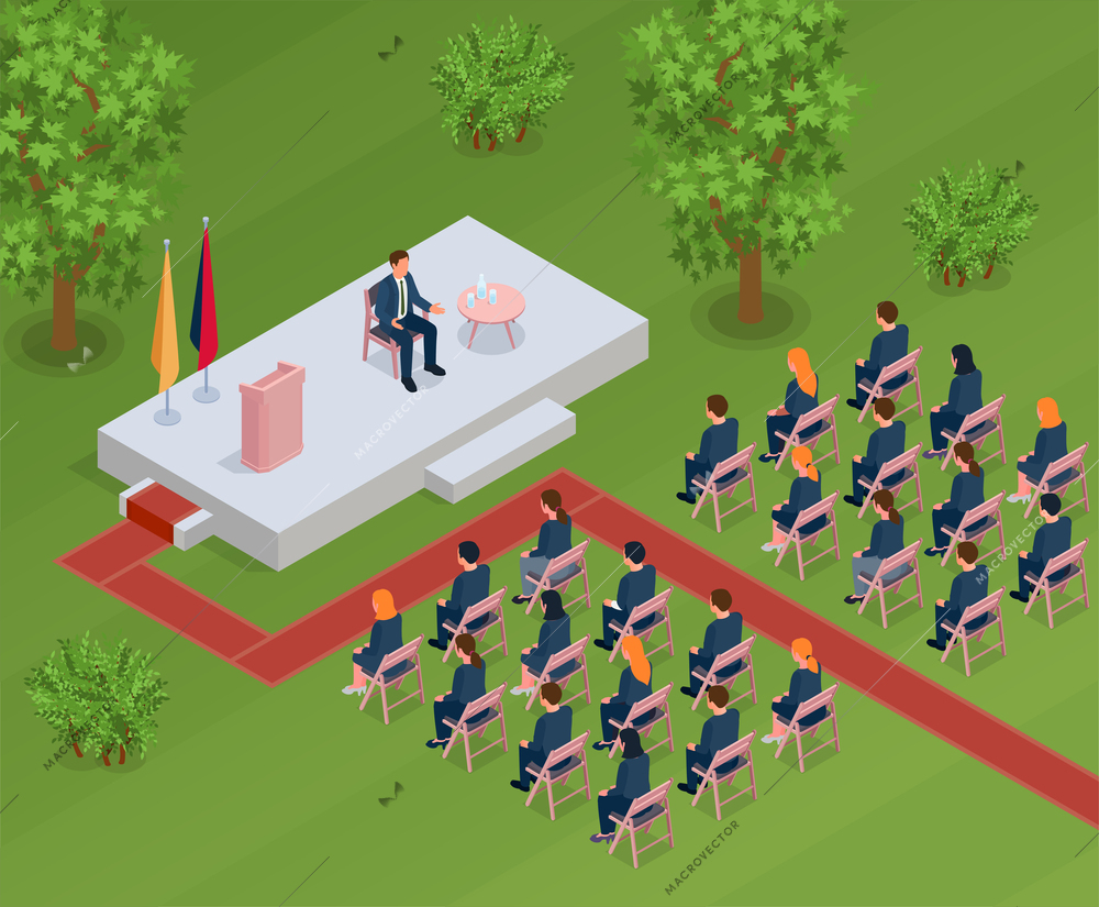 Conference hall background with stage equipment symbols isometric vector illustration