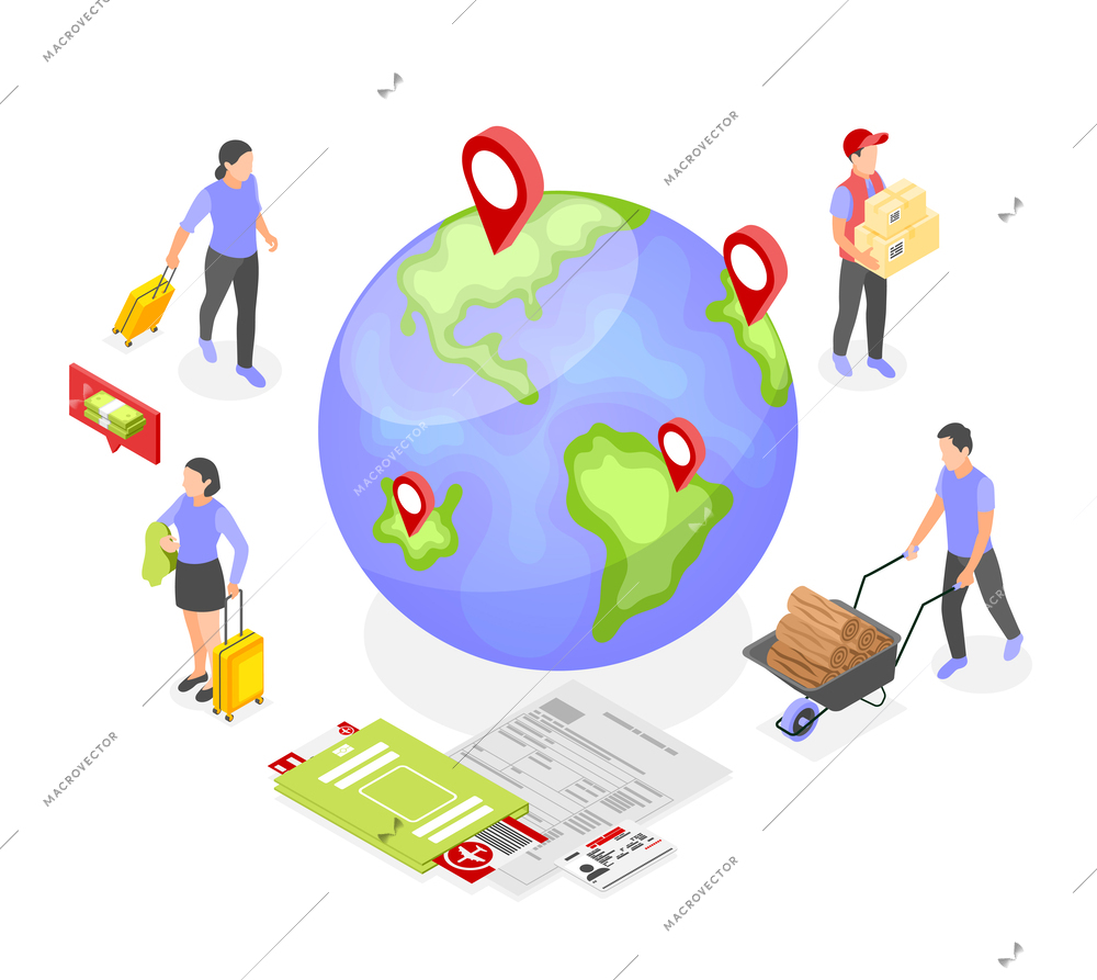 Work migration isometric composition with people doing badly paid jobs and leaving abroad vector illustration