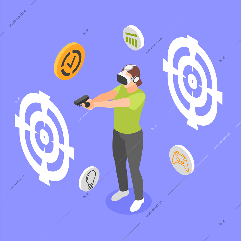 VR sports trainings isometric colored background with abstract targets hanging in the air around the shooter wearing virtual reality goggles vector illustration