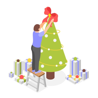 Woman using step stool to decorate top of christmas tree with big bow isometric vector illustration