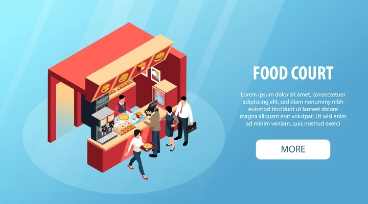 Food court horizontal blue background website banner with people buying pizza and burgers vector illustration
