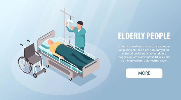 Elderly people in hospital horizontal banner with senior man on bed getting treatment 3d isometric vector illustration