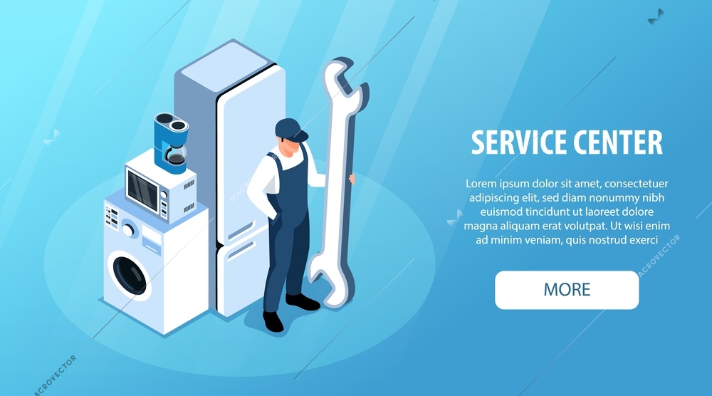 Isometric appliances horizontal banner with faceless character of technician holding wrench consumer electronics text and button vector illustration