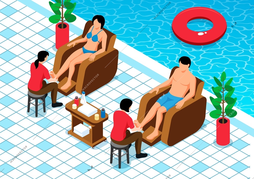 Isometric massage composition with view of public pool with armchairs couple and physicians kneading clients toes vector illustration