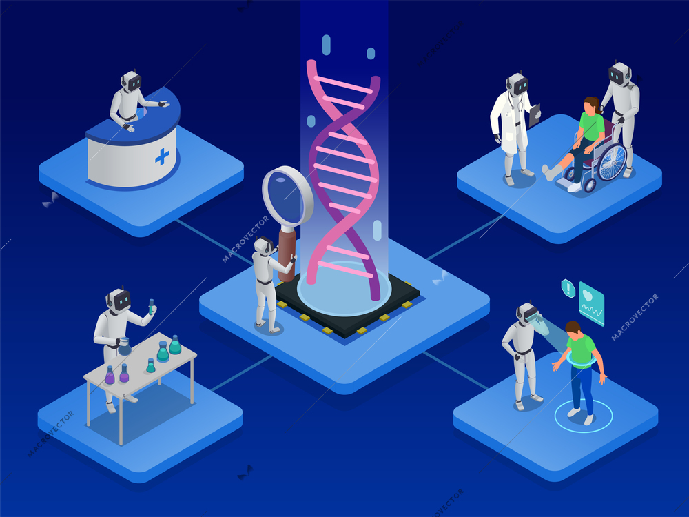 Artificial intelligence in medicine isometric composition with ai doctors and researchers examining patients and working in laboratory vector illustration