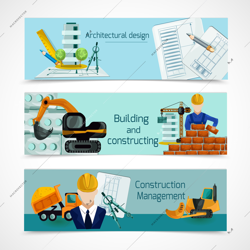 Construction horizontal banners set with architecture design and building elements isolated vector illustration