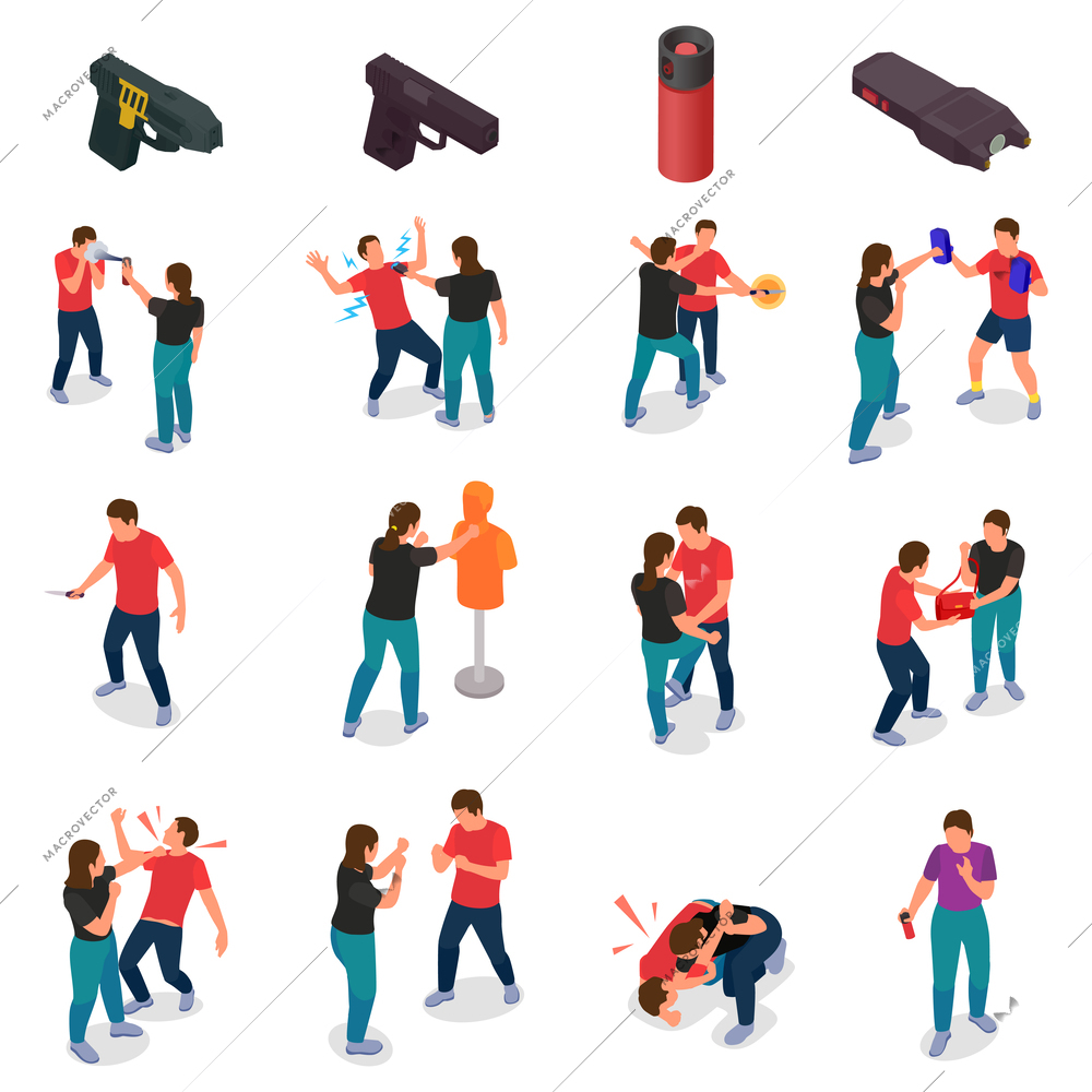 Self defence isometric icons set with women protecting themselves from muggers and hooligans isolated vector illustration