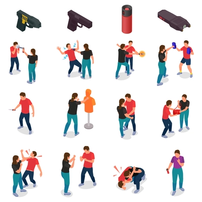 Self defence isometric icons set with women protecting themselves from muggers and hooligans isolated vector illustration