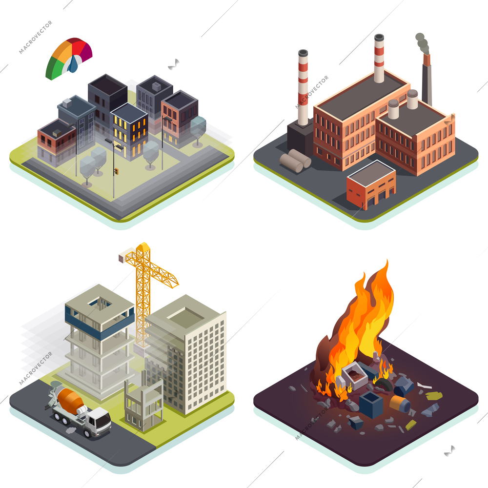 Air pollution isometric set with smoggy city construction site factory burning waste isolated vector illustration