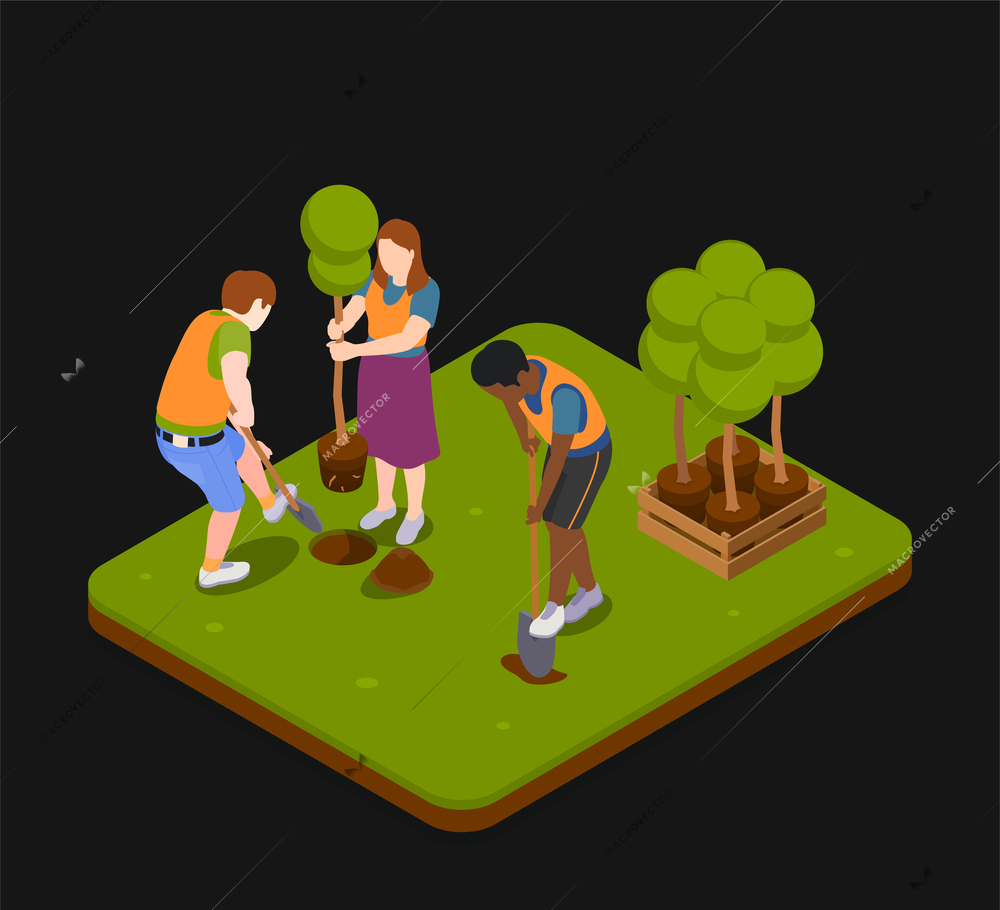 Ecological awareness composition on black background with people looking after environment planting trees in garden 3d isometric vector illustration