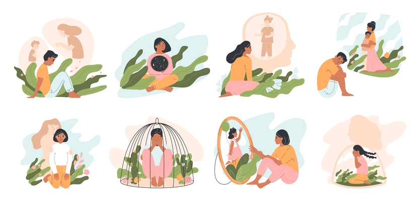 Human inner world set with flat isolated compositions of people personalities in cage talking with spirits vector illustration