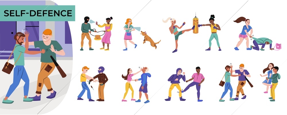 Self defence set of isolated compositions with flat human characters of hooligan attackers and struggling victims vector illustration