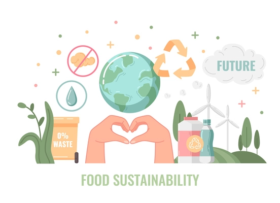 Nutrition flat cartoon with food sustainability symbols vector illustration