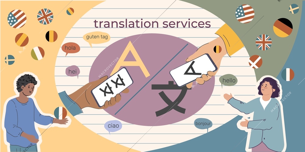 Translation service composition with collage of flat thought bubbles with text country balls and human characters vector illustration