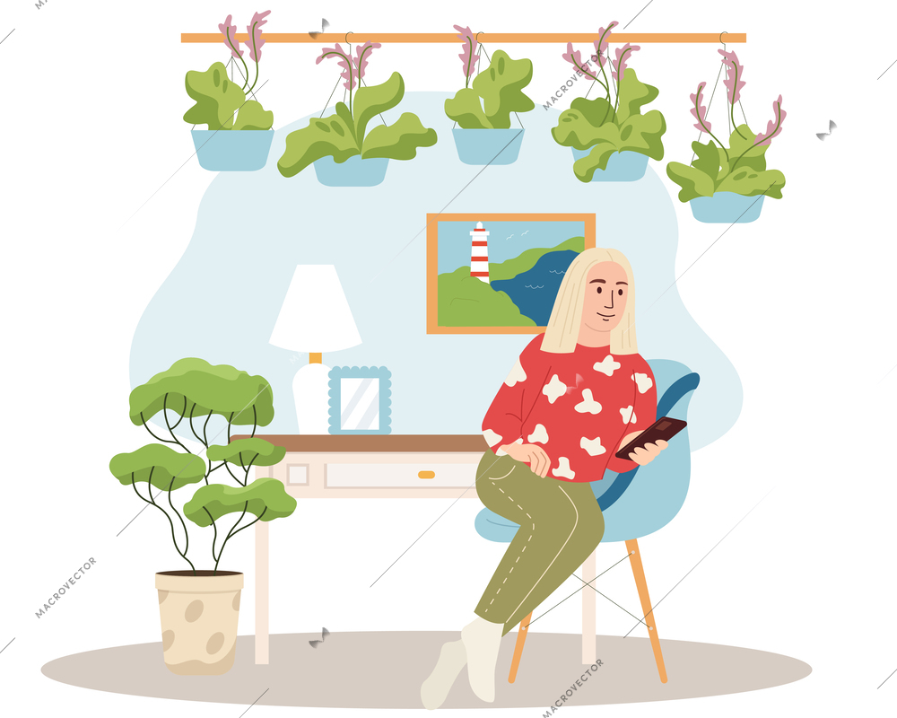 Green workplace flat composition with woman character looking in smartphone surrounded by domestic plants cartoon vector illustration