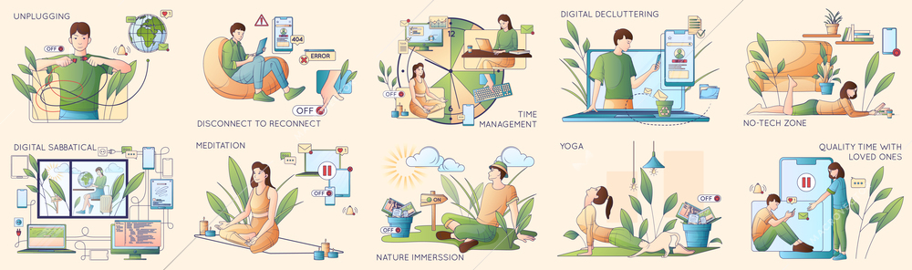 Digital detoxing flat line set of isolated compositions with cartoon human characters getting rid of gadgets vector illustration