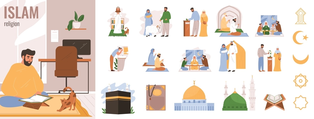 Islam religion flat icons set with male prayer and religious symbols isolated vector illustration