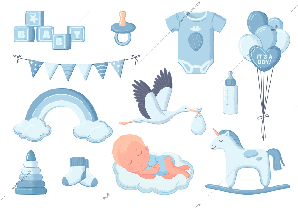 Baby shower cartoon icons set with boy accessories and toys isolated vector illustration