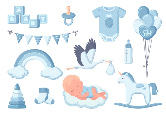 Baby shower cartoon icons set with boy accessories and toys isolated vector illustration