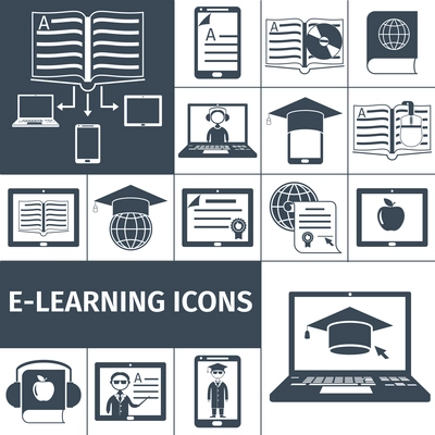 E-learning digital education decorative icon black set isolated vector illustration