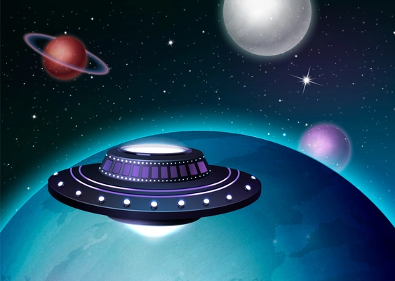 Ufo spacecraft realistic poster with alien spaceship in outer space vector illustration