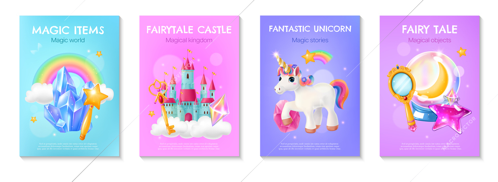 Magic items realistic colorful posters with cartoon fairytale castle fantastic unicorn magic crystal isolated vector illustration