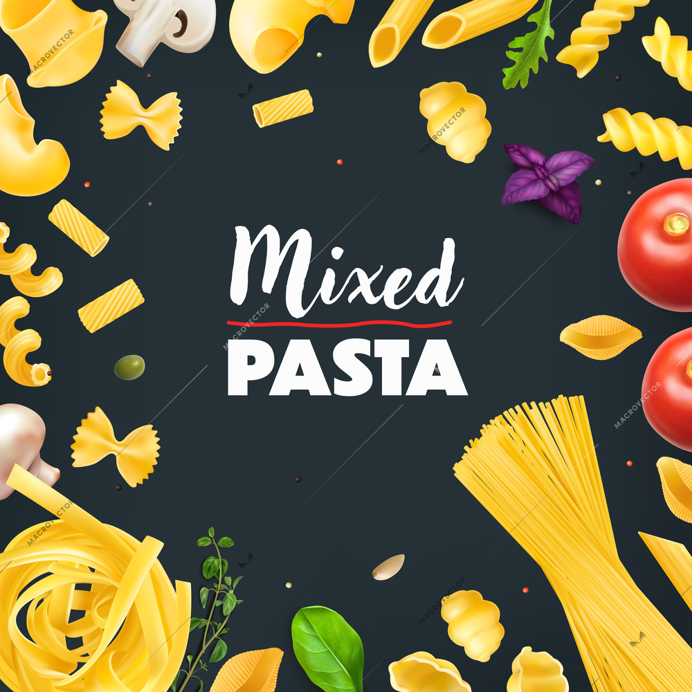 Realistic frame with various types of dry italian pasta herbs and vegetables on black background vector illustration