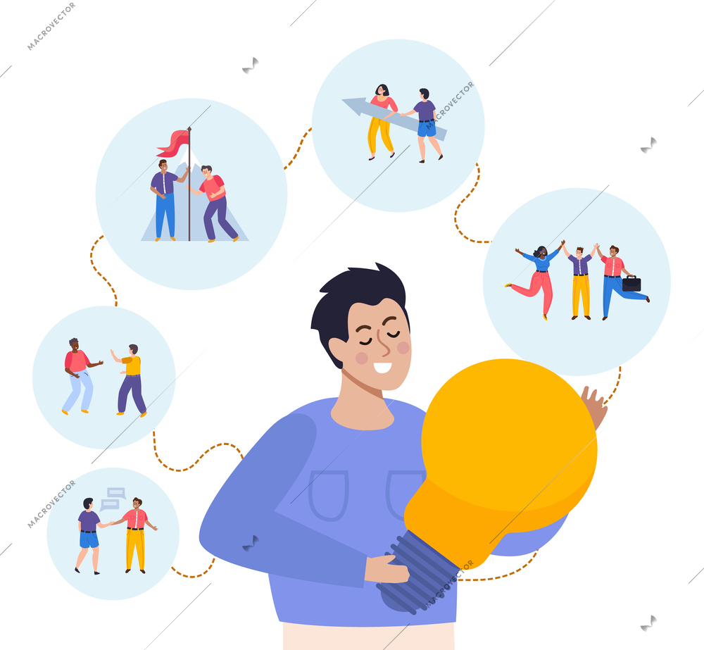 Corporate culture composition with set of round icons with coworker characters and man holding lamp bulb vector illustration